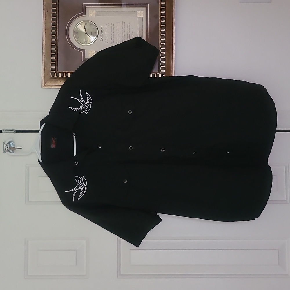 Rock Steady, black and white button up collared shirt, size L